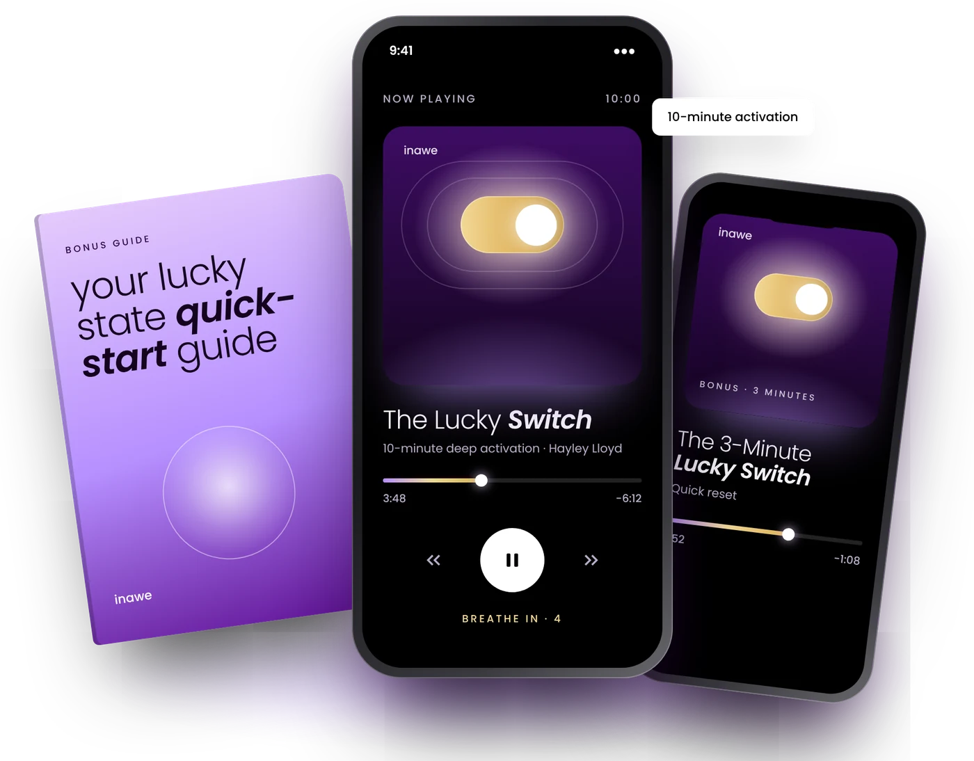 The Lucky Switch breathflow on a phone, with the 3-minute bonus and the Quick-Start Guide